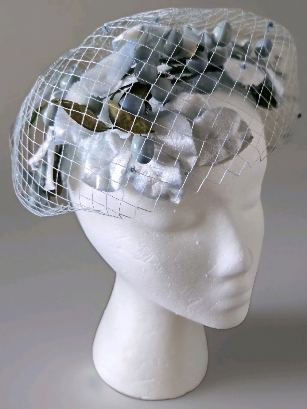 Vtg 50s 60s Demi Chapeau By Mr. John NY With Netting & Leaf Detail, S/7